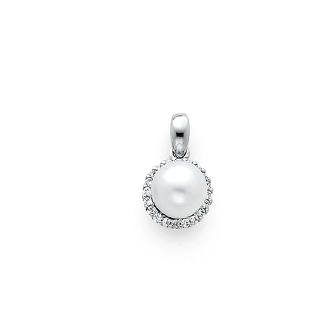 14K White Gold CZ Pearl Pendant