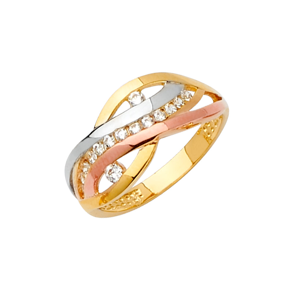 14K Tri Color Gold Wave Fancy CZ Ring