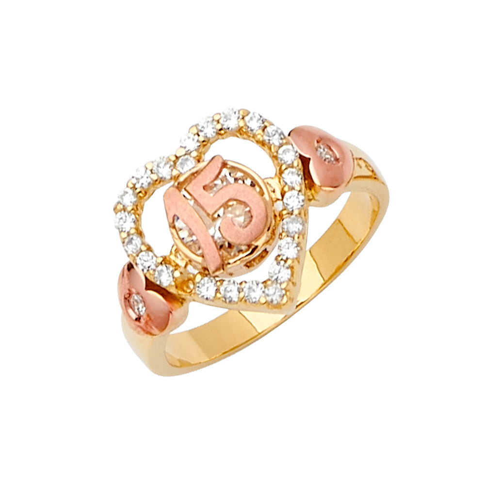 14K Two Tone Gold Heart CZ 15 Years Ring Or Half Set