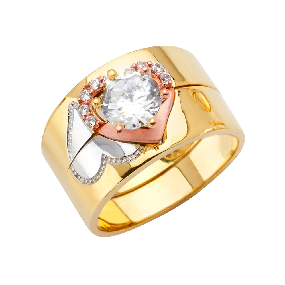 14K Tri Color Gold CZ Heart Engagement Ring Or Trio Set