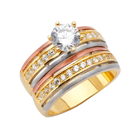 14K Tri Color Gold CZ Engagement Ring Or Trio Set