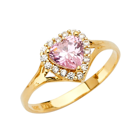 14K Yellow Gold Pink CZ Heart Engagement Ring