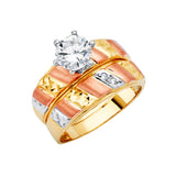 14K Tri Color Gold Round Two Lines Ladies CZ Wedding Ring-Wedding Band and Engagement Rings are sold Separately