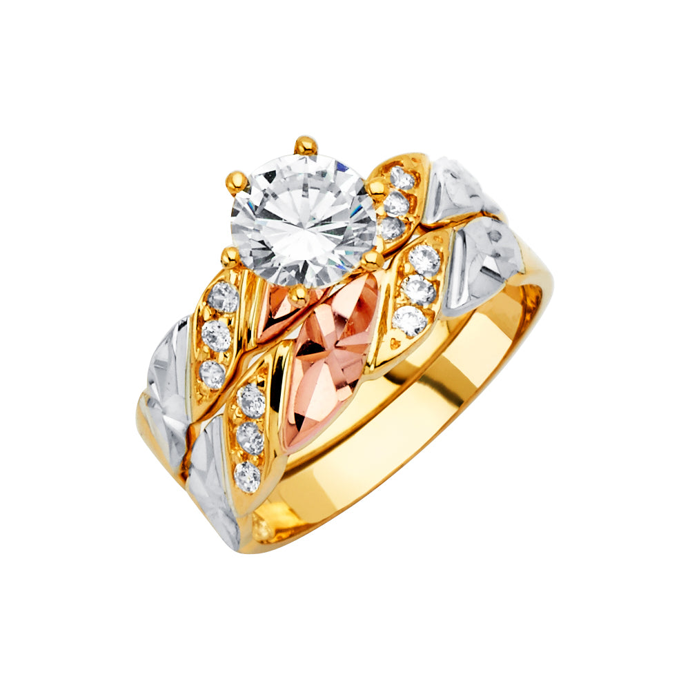 14K Tri Color Gold Two Lines Ladies CZ Wedding Ring-Wedding Band and Engagement Rings are sold Separately