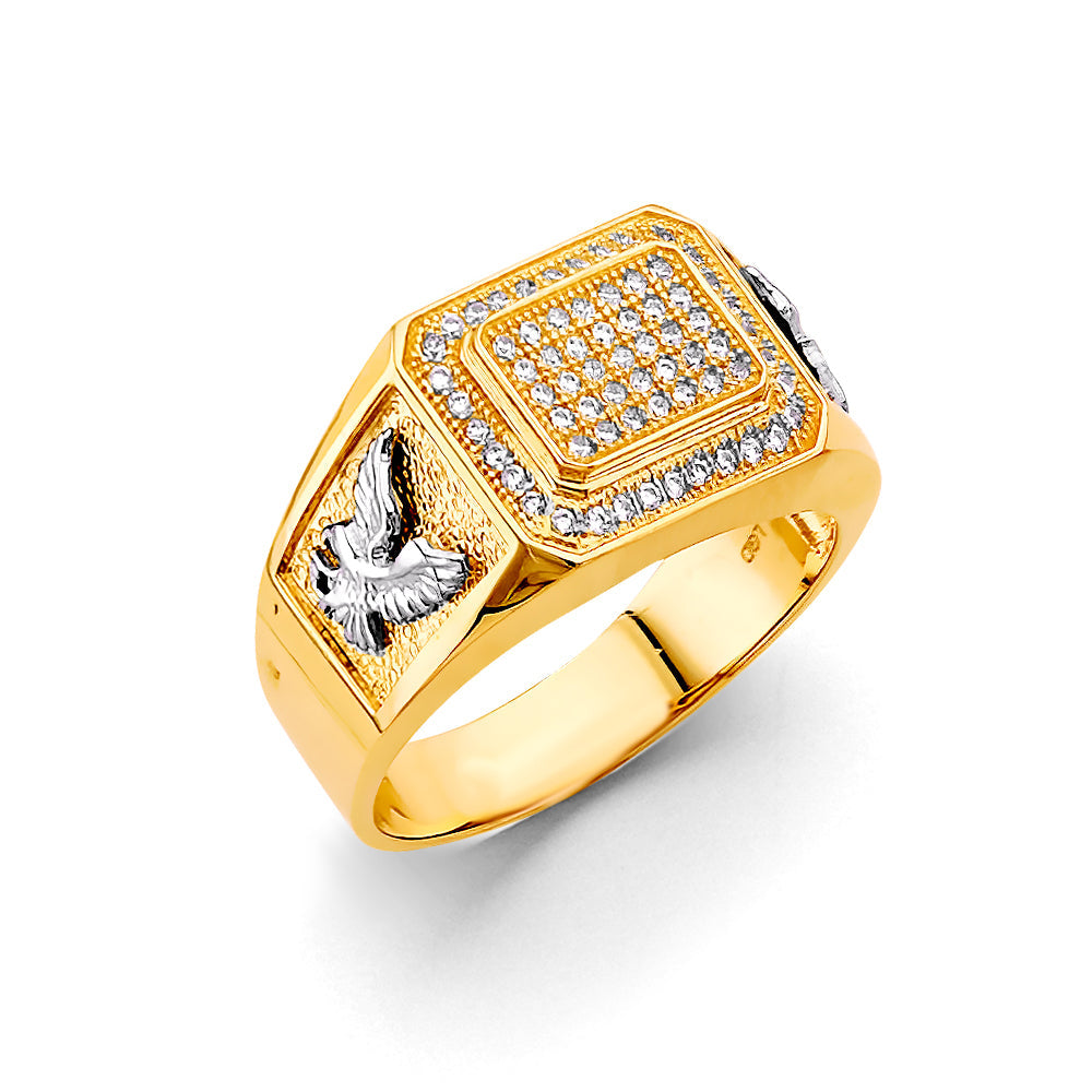 14K Two Tone Gold Eagle Square Men's CZ Ring