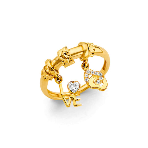 14K Yellow Gold Love And Heart CZ Hanging Charm Ring