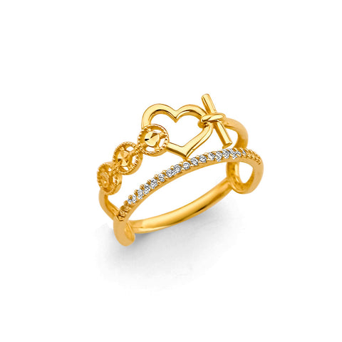 14K Yellow Gold 2 Line Heart Fancy CZ Ring