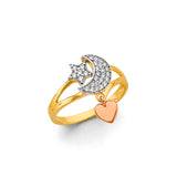 14K Tri Color Gold CZ Star, Moon And Heart Ring