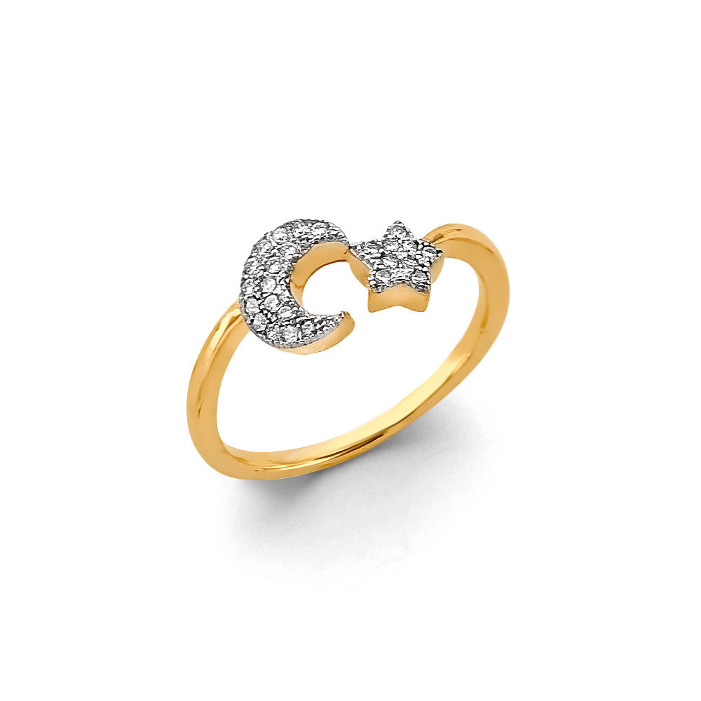 14K Two Tone Gold CZ Moon And Star Ring