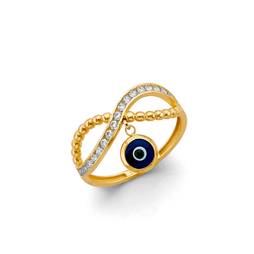 14K Yellow Gold CZ Hanging Evil Eye Ring