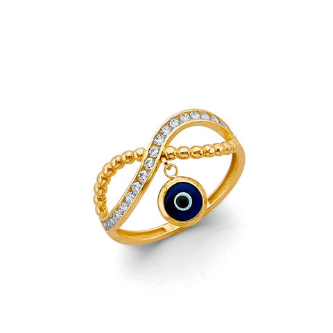 14K Yellow Gold CZ Hanging Evil Eye Ring