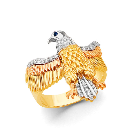 14K Tri Color Gold Eagle Men's CZ Ring