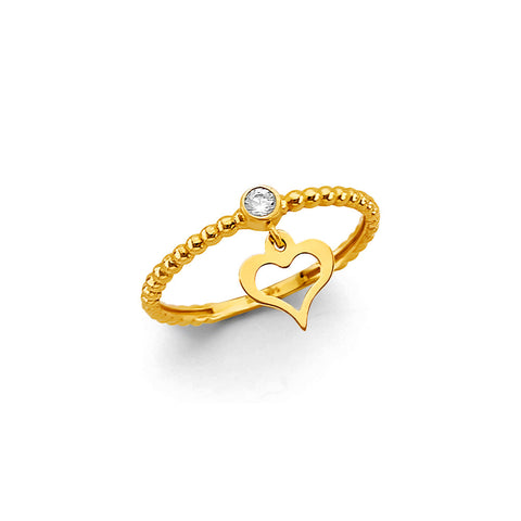 14K Yellow Gold CZ Hanging Heart Ring