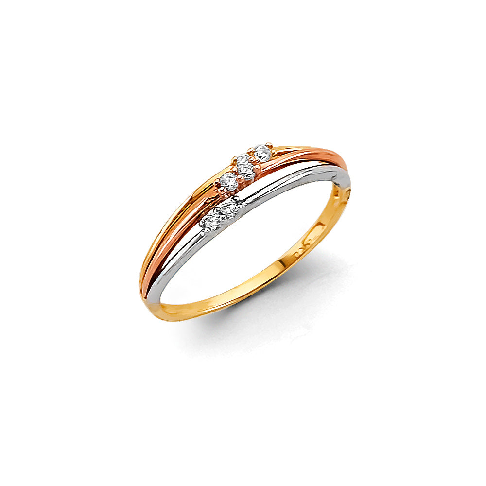 14K Tri Color Gold CZ 2 Line Ring