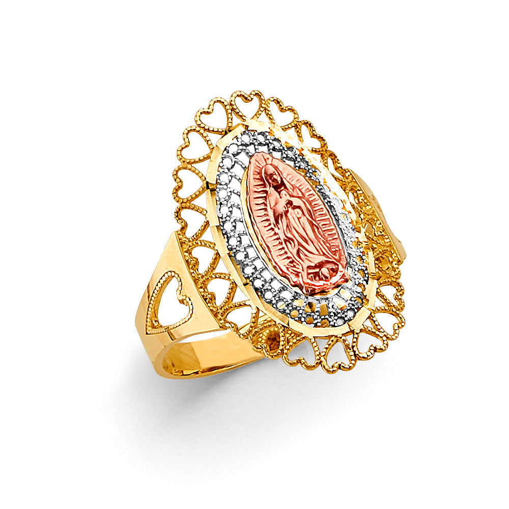 14K Tri Color Gold Hearts Guadalupe Ring