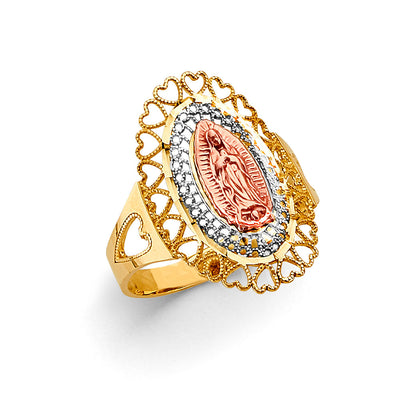 14K Tri Color Gold Hearts Guadalupe Ring