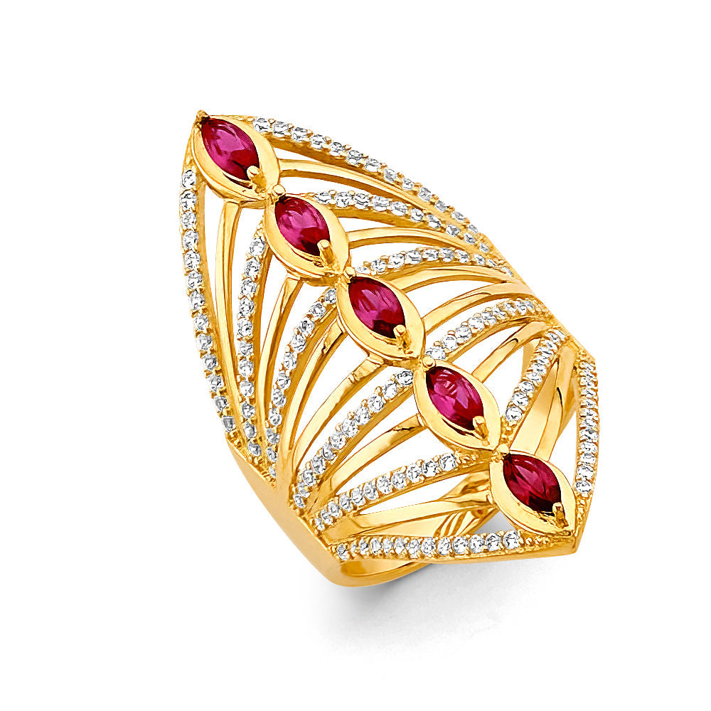 14K Yellow Gold Multi Line Red CZ Ring