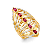 14K Yellow Gold Multi Line Red CZ Ring