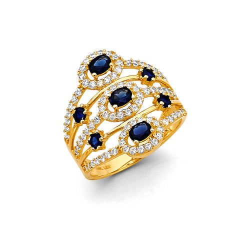 14K Yellow Gold Multi Line Blue CZ Ring