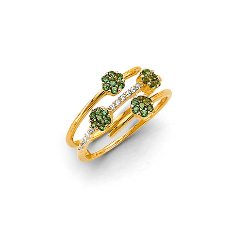 14K Yellow Gold Flower Green CZ Ring