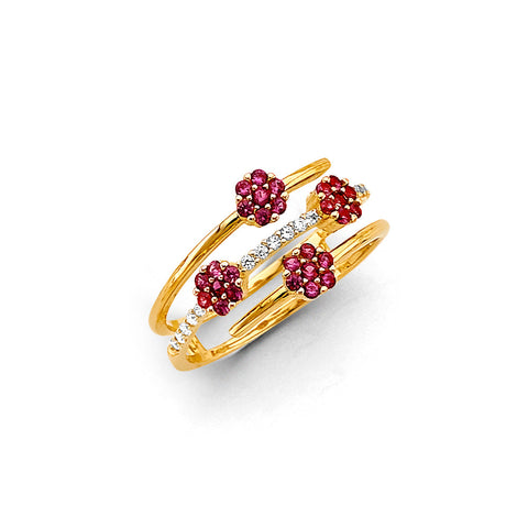 14K Yellow Gold Flower Red CZ Ring