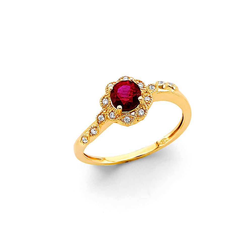 14K Yellow Gold Flower Fancy Red CZ Ring