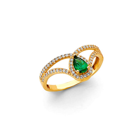 14K Yellow Gold Drop Fancy Green CZ Ring