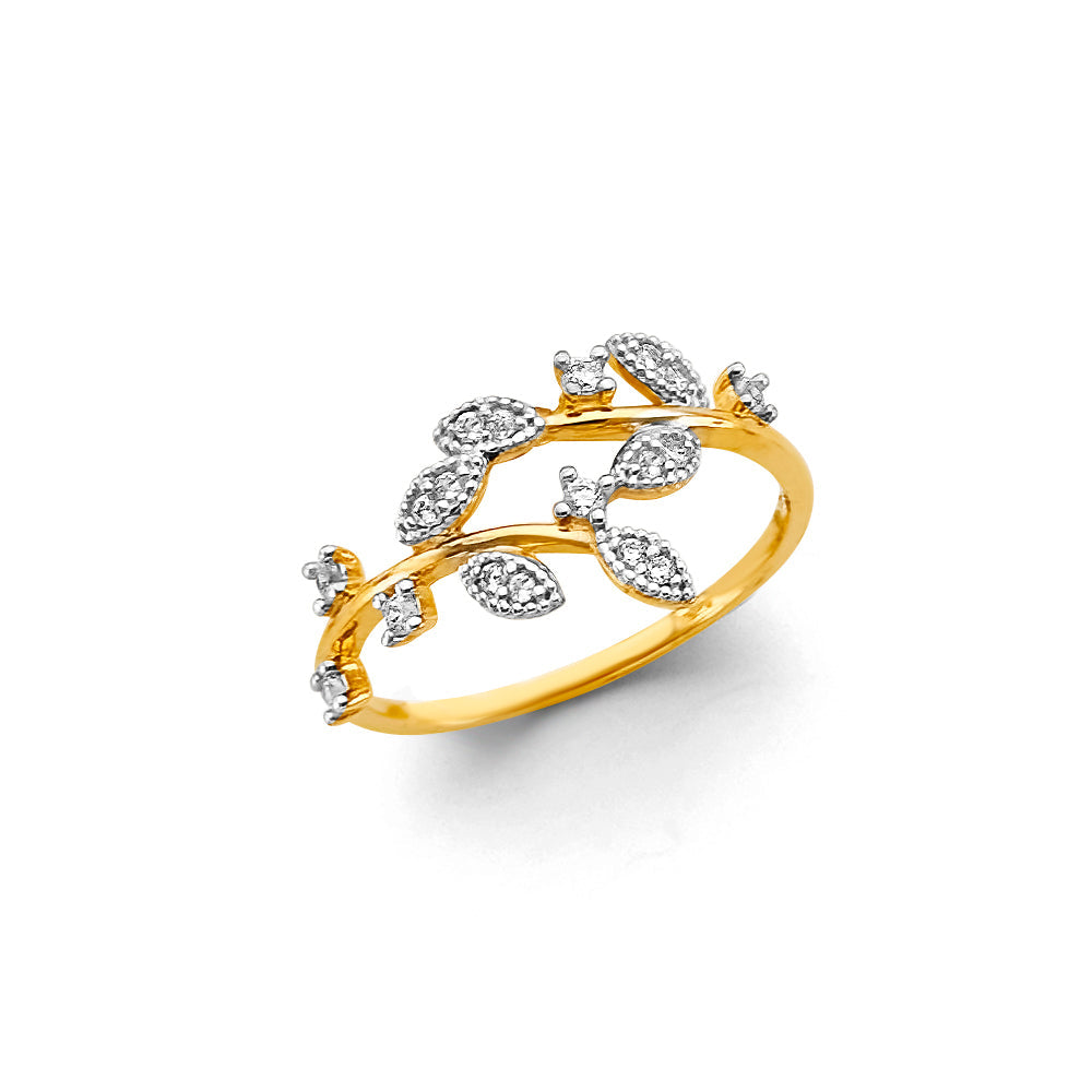 14K Two Tone Gold CZ Leaf Ring