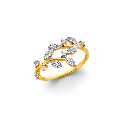 14K Two Tone Gold CZ Leaf Ring