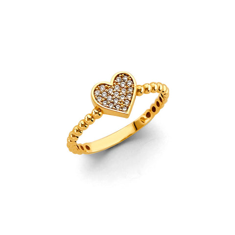 14K Yellow Gold CZ Balls Heart Ring