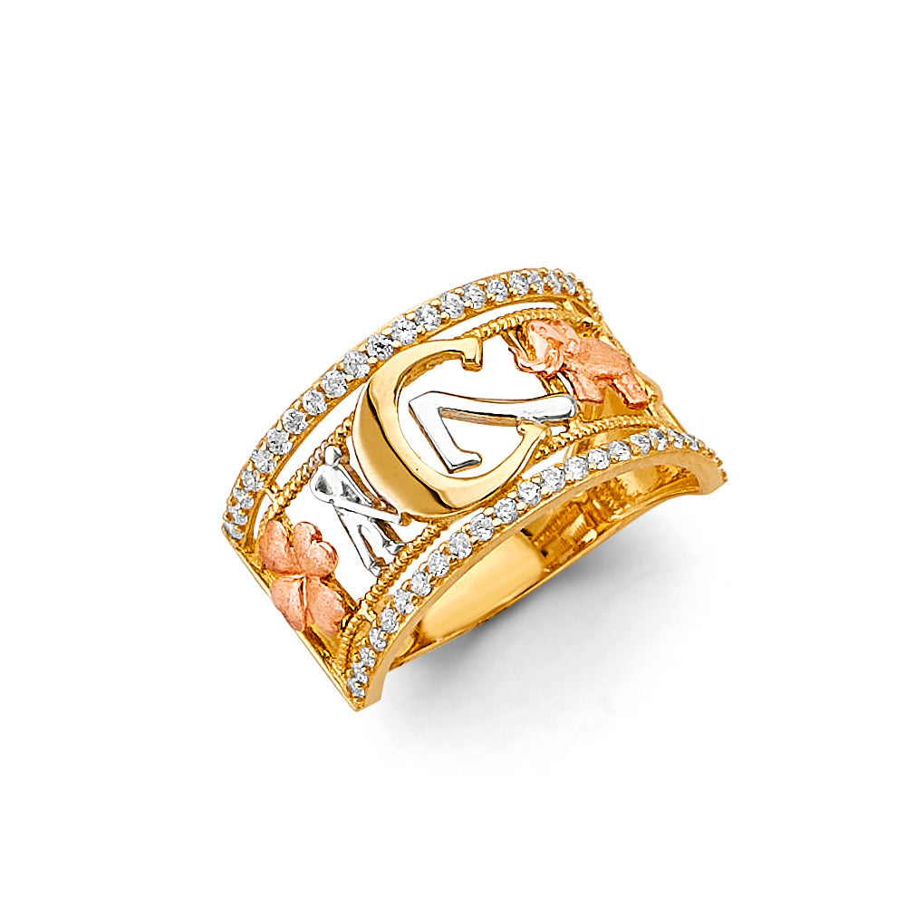 14K Tri Color Gold CZ Lucky Ring