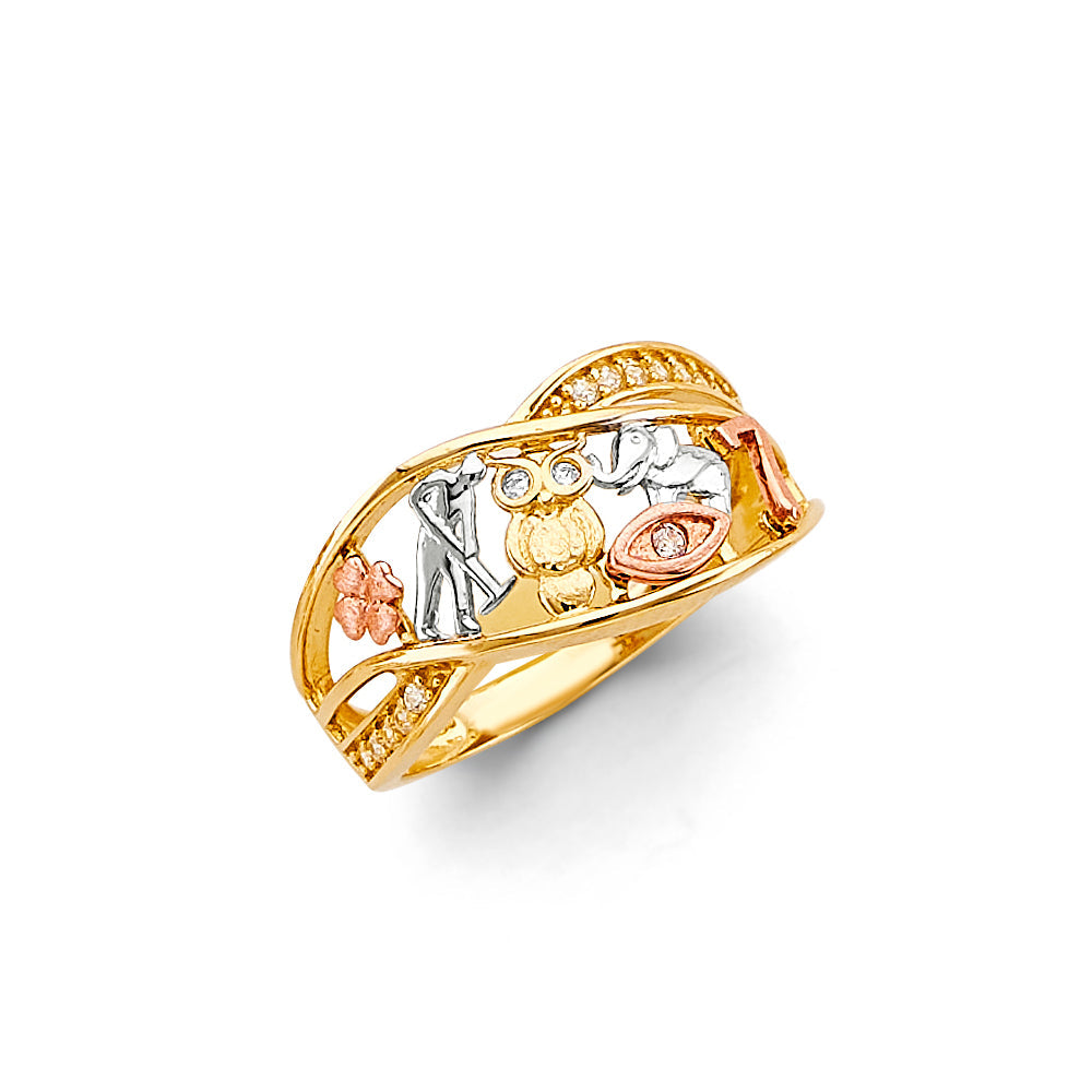 14K Tri Color Gold CZ Wave Lucky Ring