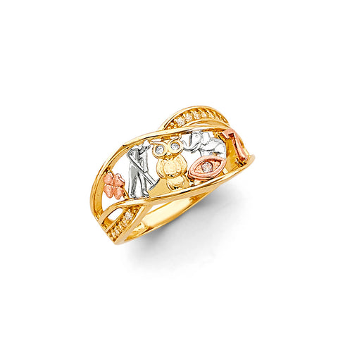 14K Tri Color Gold CZ Wave Lucky Ring