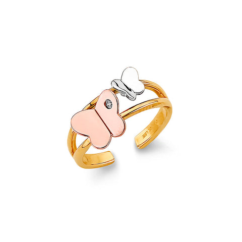 14K Tri Color Gold CZ Butterfly Toe Ring