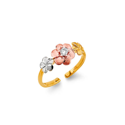 14K Tri Color Gold CZ Flower Toe Ring