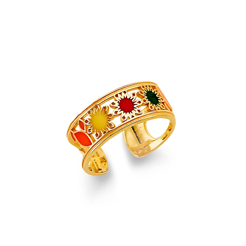 14K Yellow Gold Multi Color CZ Flower Toe Ring