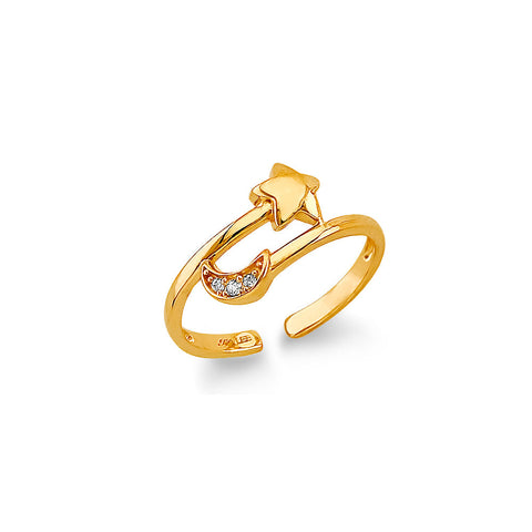 14K Yellow Gold CZ Star And Moon Toe Ring