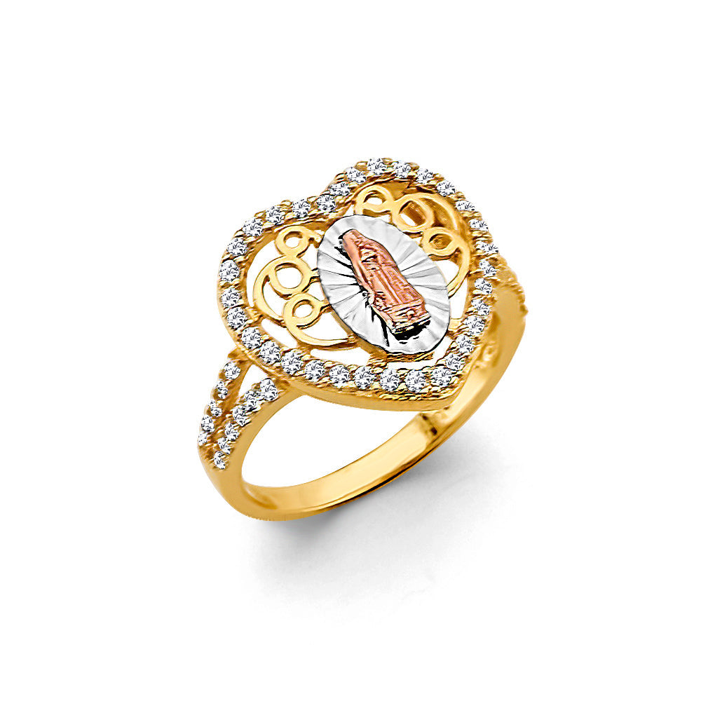 14K Tri Color Gold Heart CZ Guadalupe Ring