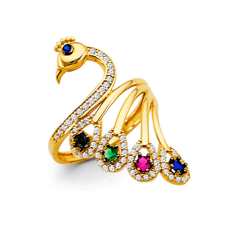 14K Yellow Gold Multi Color CZ Peacock Ring