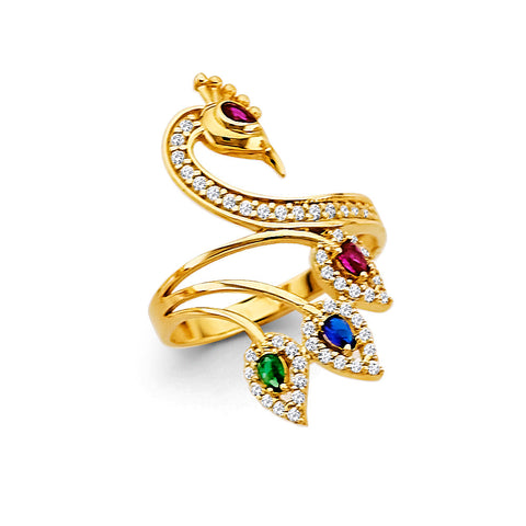 14K Yellow Gold Peacock Multi Color CZ Ring