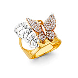 14K Tri Color Gold CZ Butterfly Ring