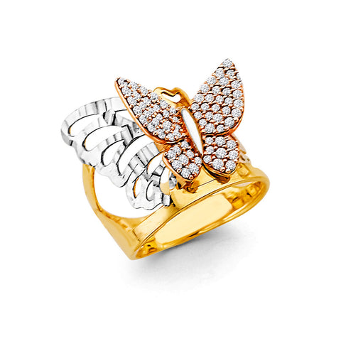 14K Tri Color Gold CZ Butterfly Ring