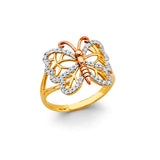 14K Tri Color Gold Butterfly CZ Ring