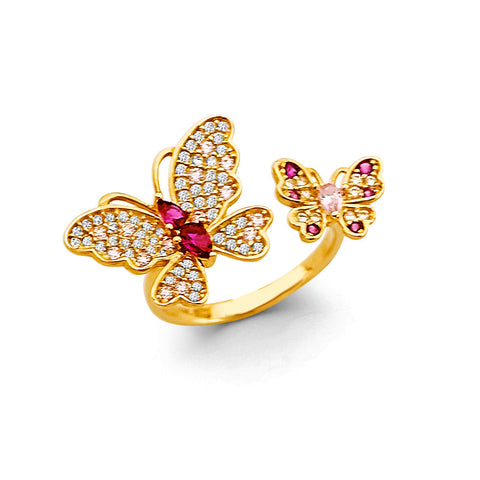 14K Yellow Gold Open Cuff CZ Butterfly Ring