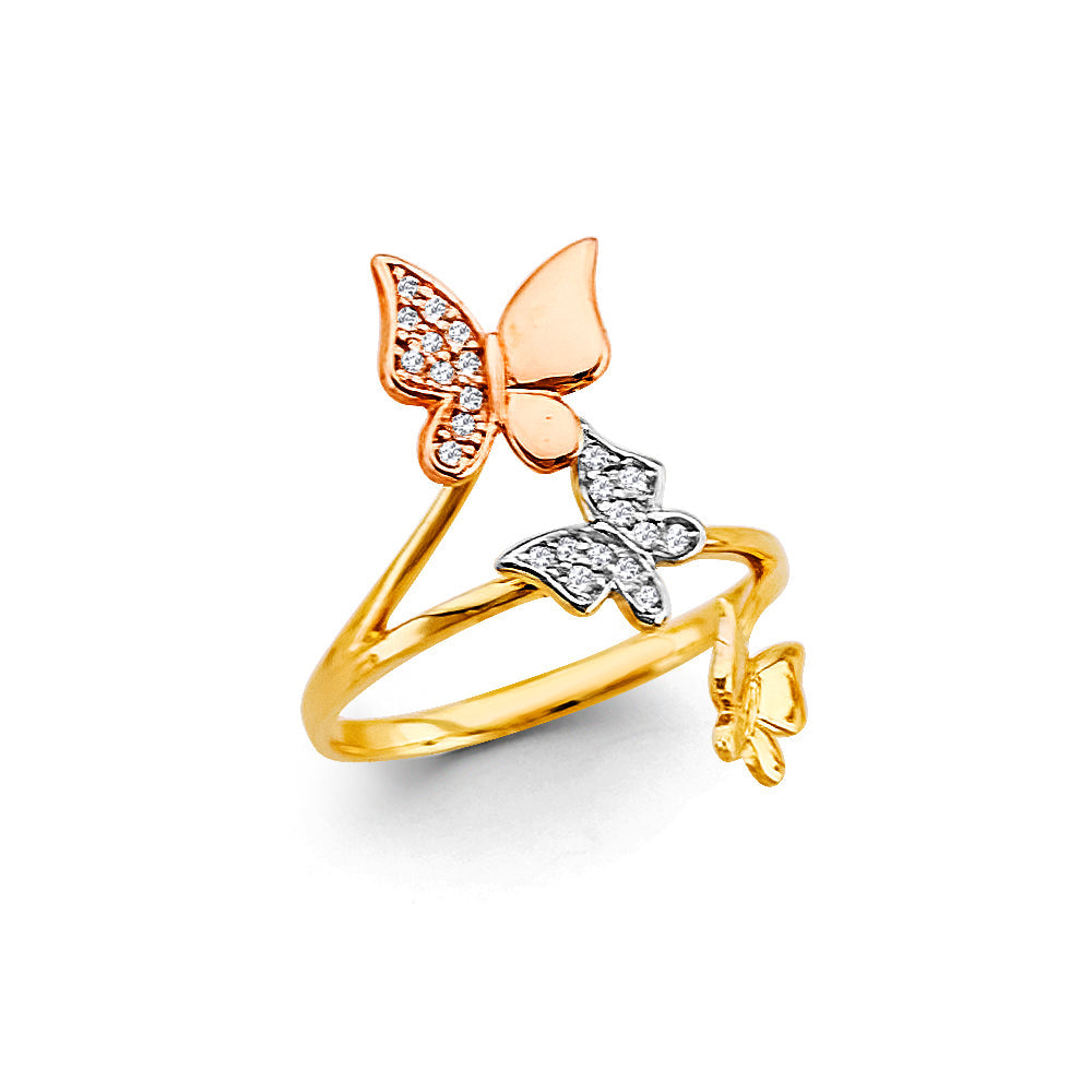 14K Tri Color Gold 3 Butterfly CZ Ring