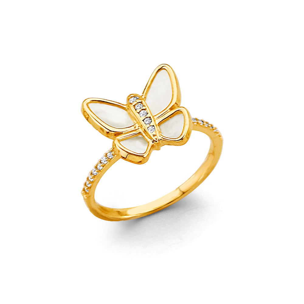 14K Yellow Gold Mother Of Pearl Butterfly CZ Ring