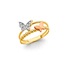 Load image into Gallery viewer, 14K Tri Color Gold CZ 2 Butterfly Ring