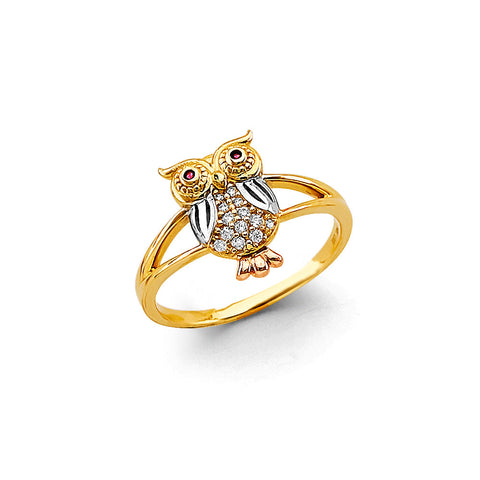 14K Tri Color Gold CZ Owl Ring