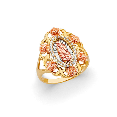 14K Tri Color Gold CZ Flowers Guadalupe Ring