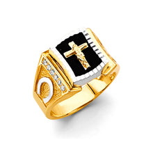 Load image into Gallery viewer, 14K Two Tone Gold Onyx Cross Men&#39;s CZ Ring